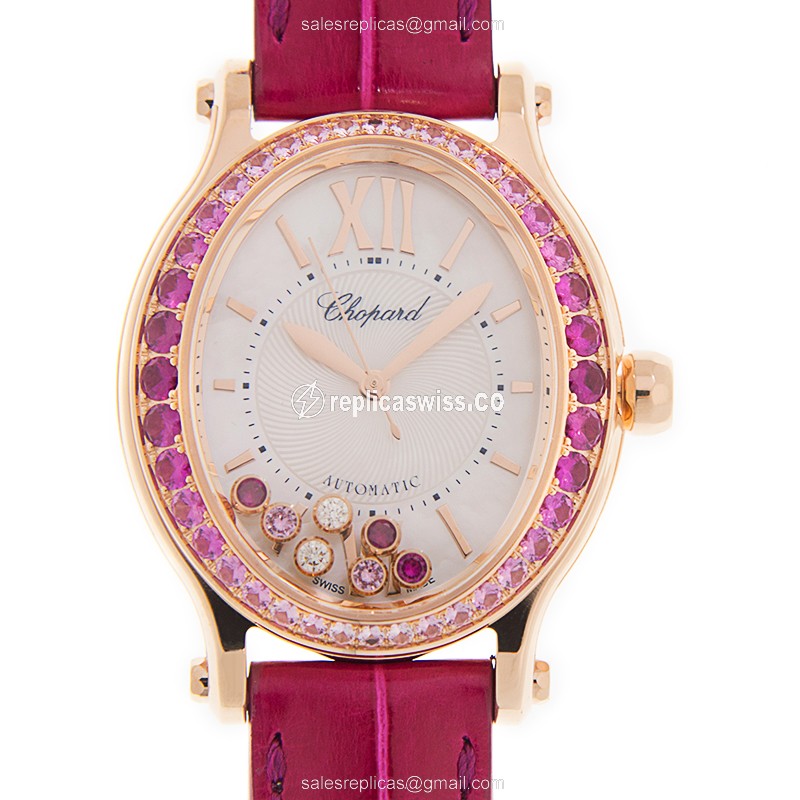 Chopard Happy Diamonds Replica - Automatic - 18kt Rose Gold - Sapphire - White Dial